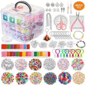 4655-piece DIY jewelry-making kit with beads, threads, tools, and storage box for crafting.
