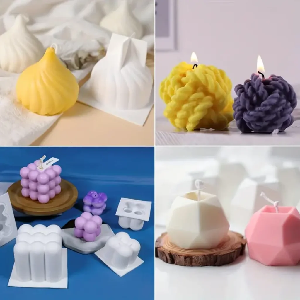 Gotowe świece stworzone przy użyciu silikonowych form, z różnymi unikalnymi wzorami, takimi jak bąbelki, kula z przędzy i kształty geometryczne.