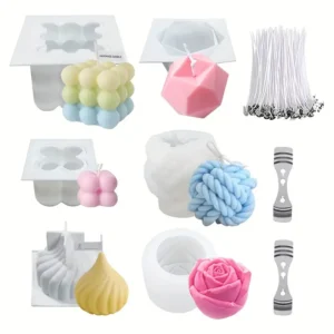 Set of 6 silicone candle molds in unique shapes, including bubbles, geometric designs, and yarn ball patterns