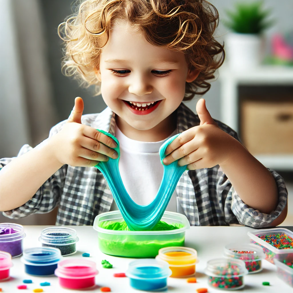 Uśmiechnięte dziecko bawiące się zestawem do robienia glutów, rozciągające niebieski slime w dłoniach, z kolorowymi pojemnikami szlamu na stole.